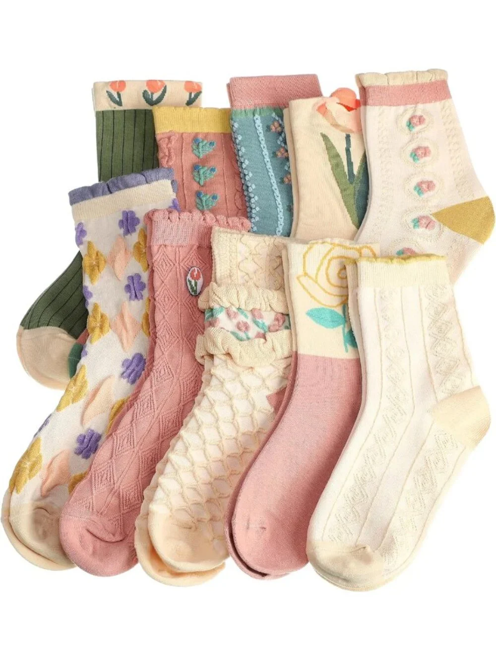 Cute Lace Ruffle Ankle Socks - 10 Pairs Floral Cotton Cottagecore Mid Tube